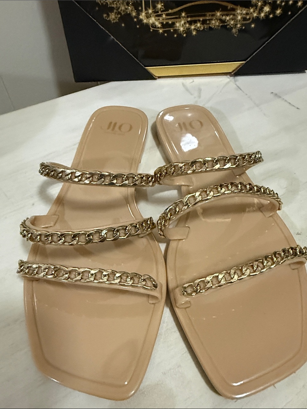 Jennifer Lopez Nude Patent Slide Sandals with Gold Chain Straps